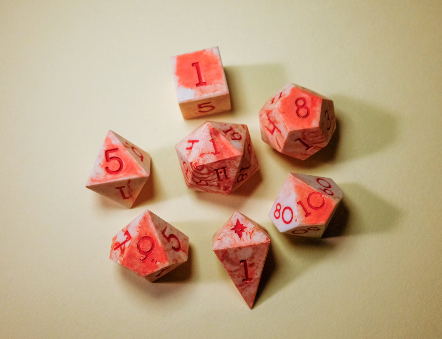 Faux Red Marble Flawed Polyhedral Dice Set